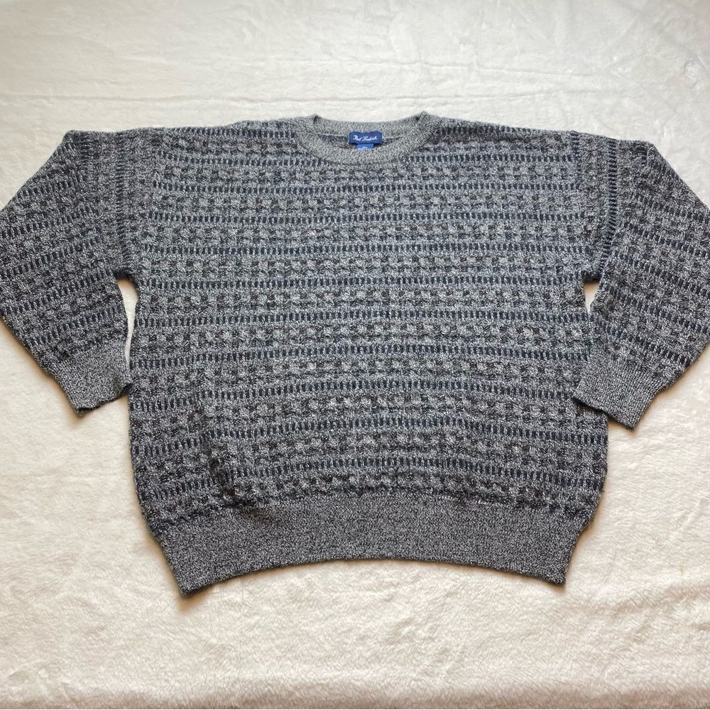 Paul Fredrick Wool Blend Gray Black Design Crew Neck Sweater Size Large